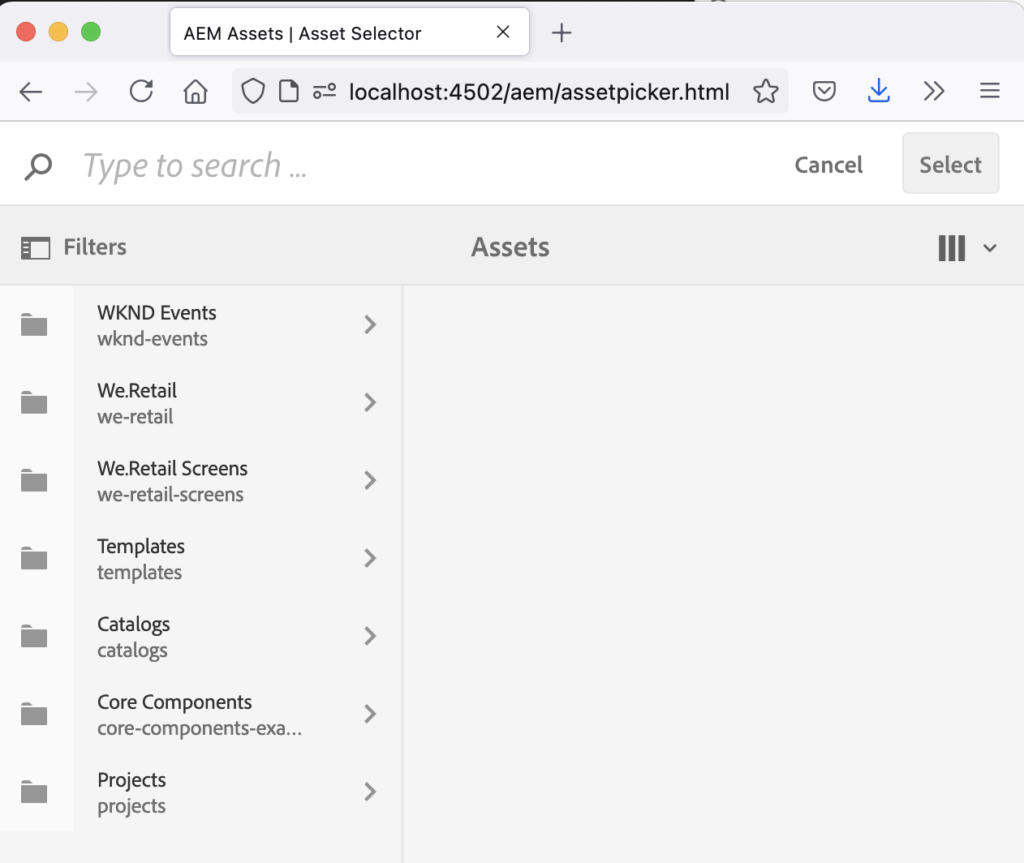 A screenshot of AEMs Asset Selector UI
