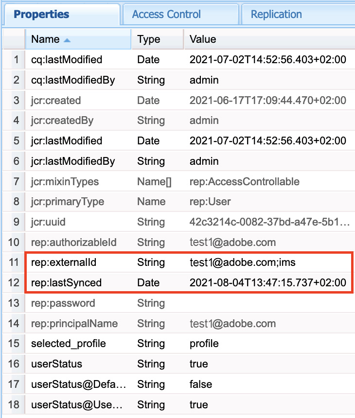 Screenshot of the user synced from Adobe IMS to the AEM repository with its list of properties as viewed in CRX DE.