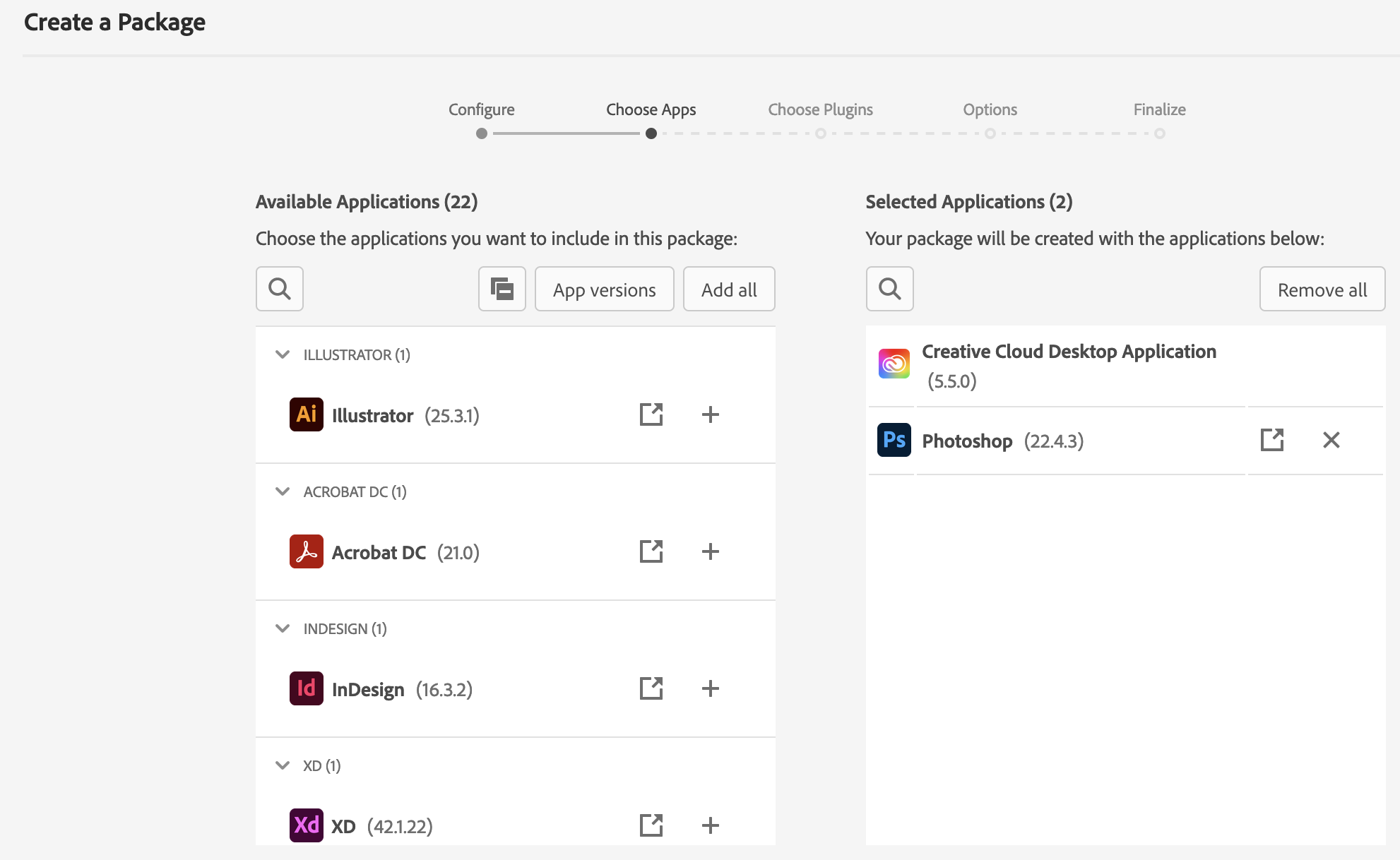 Adobe Admin Console - Create a Package - Package app selection