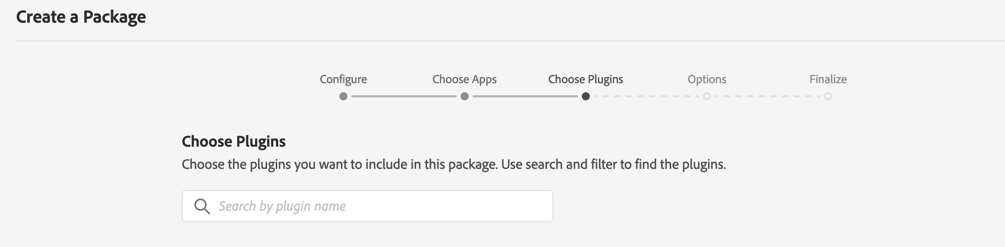 Adobe Admin Console - Create a Package - Package plugin selection