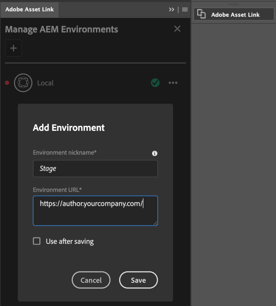 Asset Link extension - add environment dialog